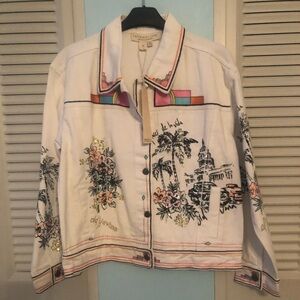 NWT Sweetwater Lux Miami vibe white jean jacket with sequins/stitching accents.